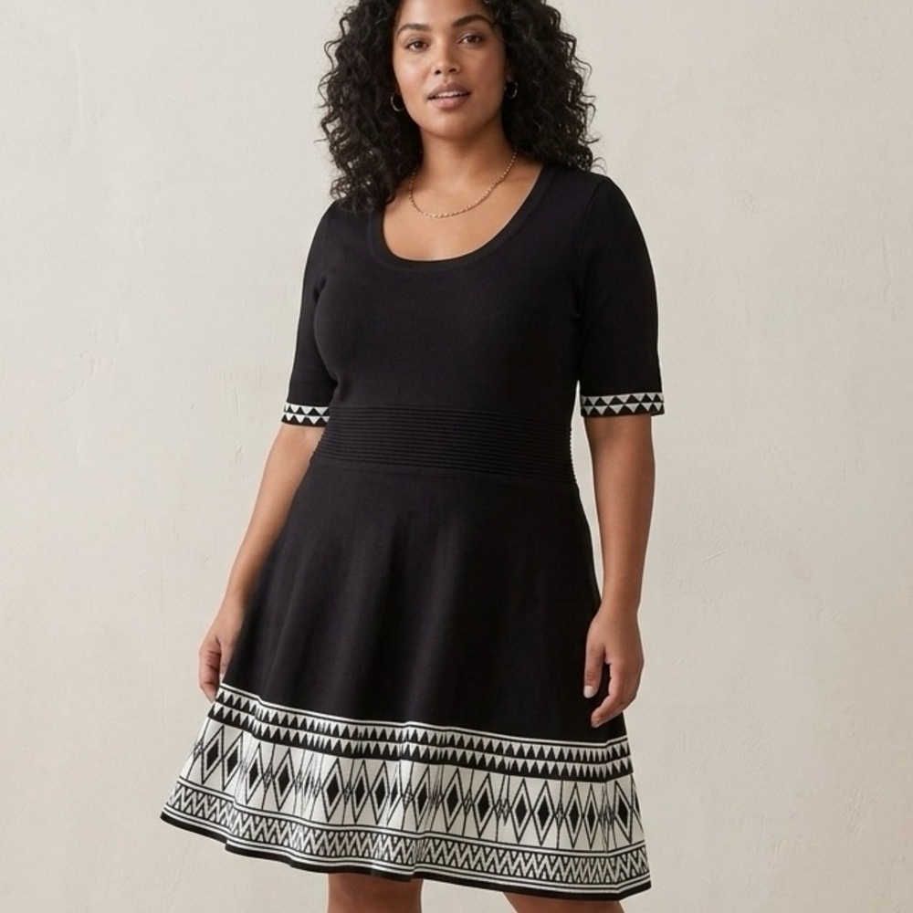 Geometric Aztec Sweater Dress XL Black Knit Fit Flare Skater Tribal Boho Mini
